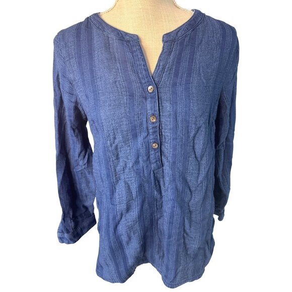 Pure Jill Indigo Blue Blouse 100% Cotton Button Front Petite S - Picture 1 of 8